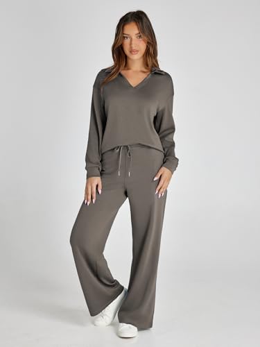 Glamaker Womens Set 2 Piece Outfit Casual Long Sleeve Polo Neck Pants Sets Sweatsuits Wrinkle Resistant Travel Sets Fall Outfits (Medium Grey Green L) - Image 2