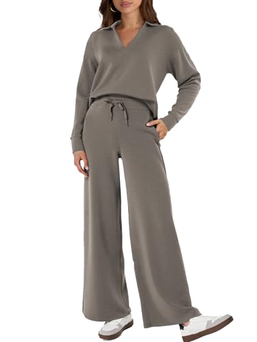Glamaker Womens Set 2 Piece Outfit Casual Long Sleeve Polo Neck Pants Sets Sweatsuits Wrinkle Resistant Travel Sets Fall Outfits (Medium Grey Green L) - Image 1