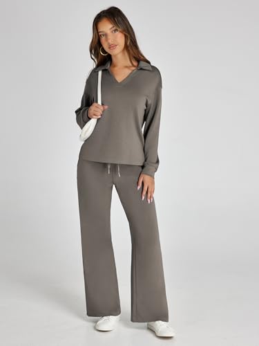 Glamaker Womens Set 2 Piece Outfit Casual Long Sleeve Polo Neck Pants Sets Sweatsuits Wrinkle Resistant Travel Sets Fall Outfits (Medium Grey Green L) - Image 4