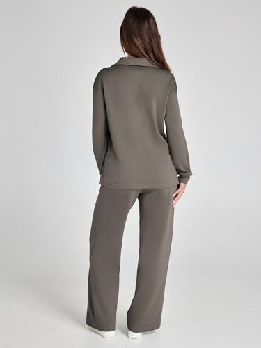 Glamaker Womens Set 2 Piece Outfit Casual Long Sleeve Polo Neck Pants Sets Sweatsuits Wrinkle Resistant Travel Sets Fall Outfits (Medium Grey Green L) - Image 3
