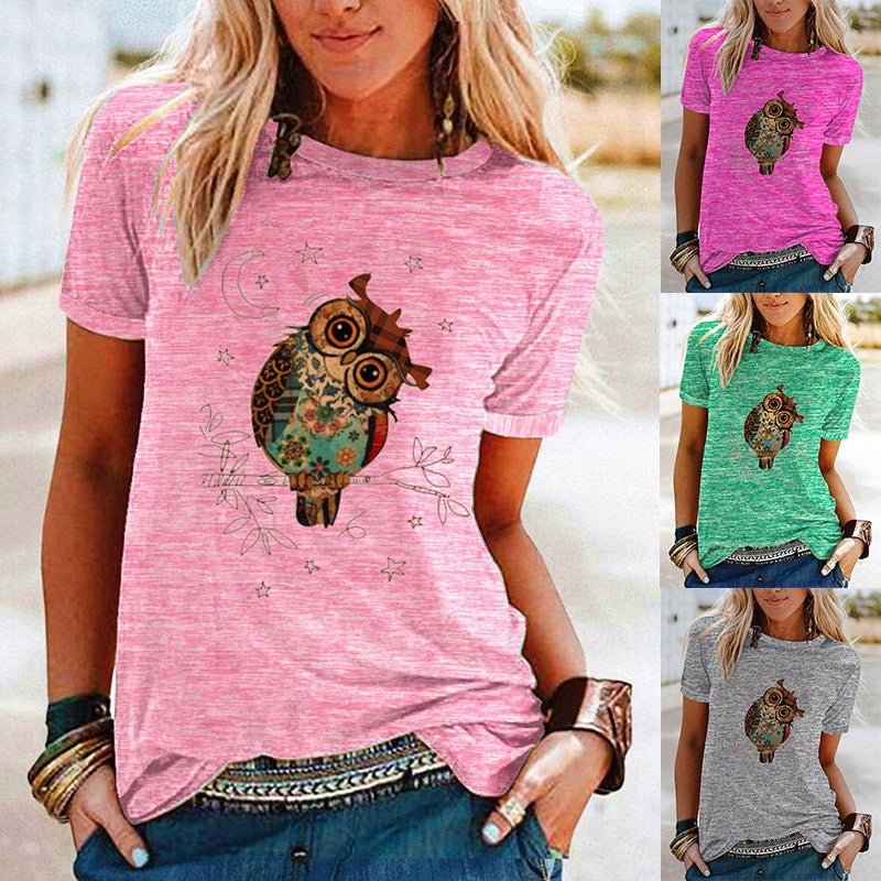 Wish Fun Owl Pattern Printed Contrast Short Sleeve T-Shirt For Women - Image 2