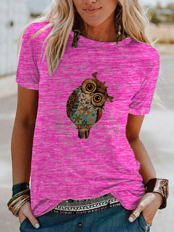 Wish Fun Owl Pattern Printed Contrast Short Sleeve T-Shirt For Women - Image 1