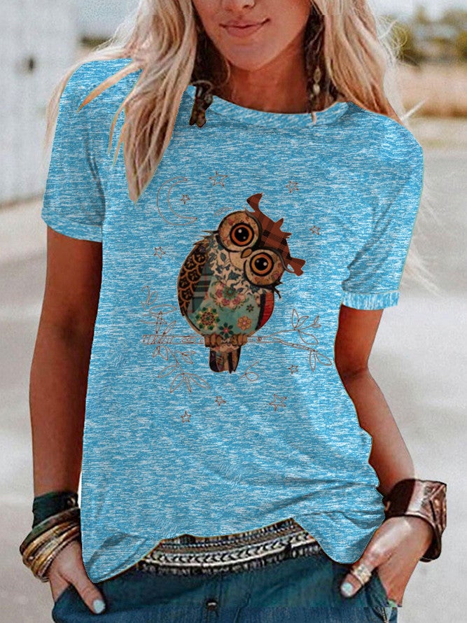 Wish Fun Owl Pattern Printed Contrast Short Sleeve T-Shirt For Women - Image 4