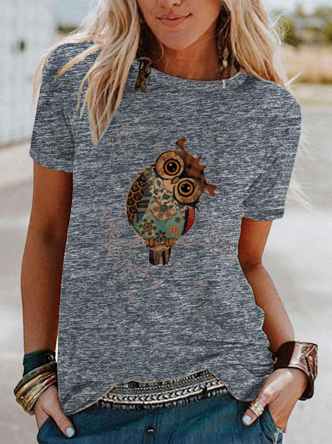 Wish Fun Owl Pattern Printed Contrast Short Sleeve T-Shirt For Women - Image 5