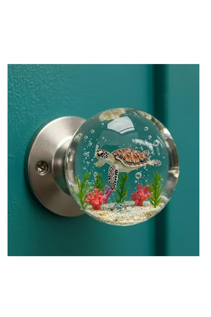 Decorative resin door handle with realistic sea turtle pattern - crystal clear handmade artwork, round design fits standard doors, durable and unique home decor, door hanging, enhances porch effect, fine workmanship, intricate craftsmanship
