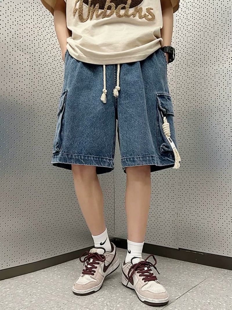 American retro drawstring workwear Denim shorts boys summer thin loose youth fifth pants fashion brand - Image 1