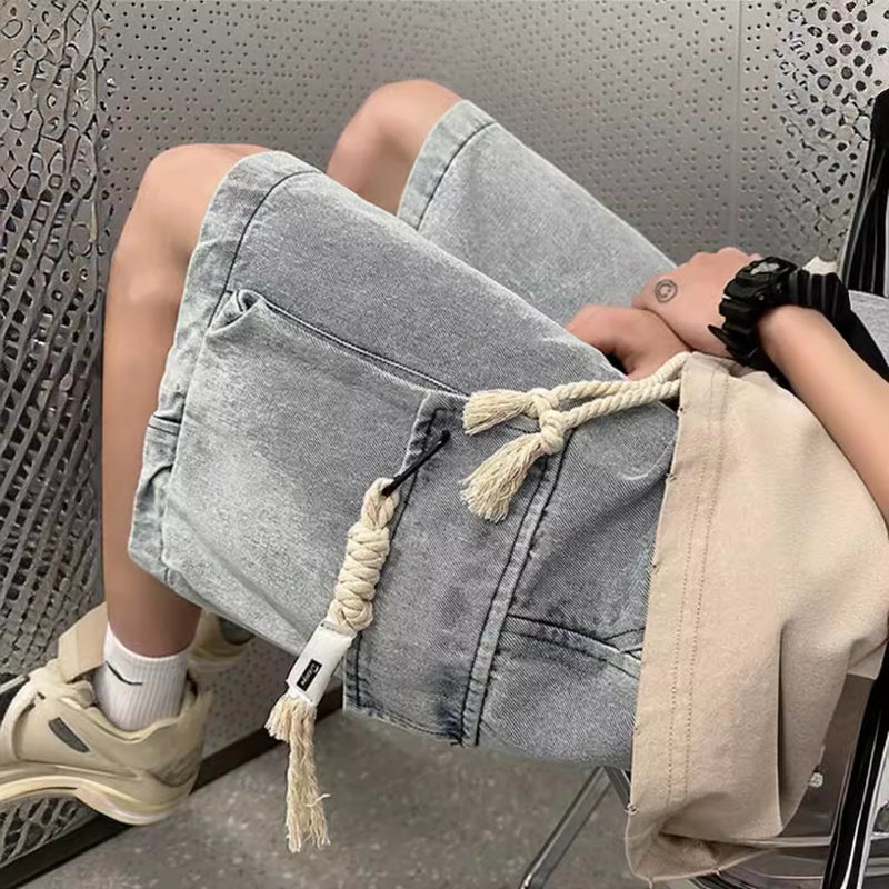 American retro drawstring workwear Denim shorts boys summer thin loose youth fifth pants fashion brand - Image 5