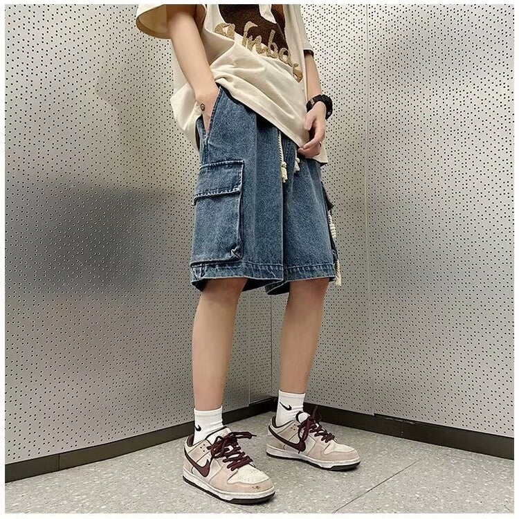 American retro drawstring workwear Denim shorts boys summer thin loose youth fifth pants fashion brand - Image 2