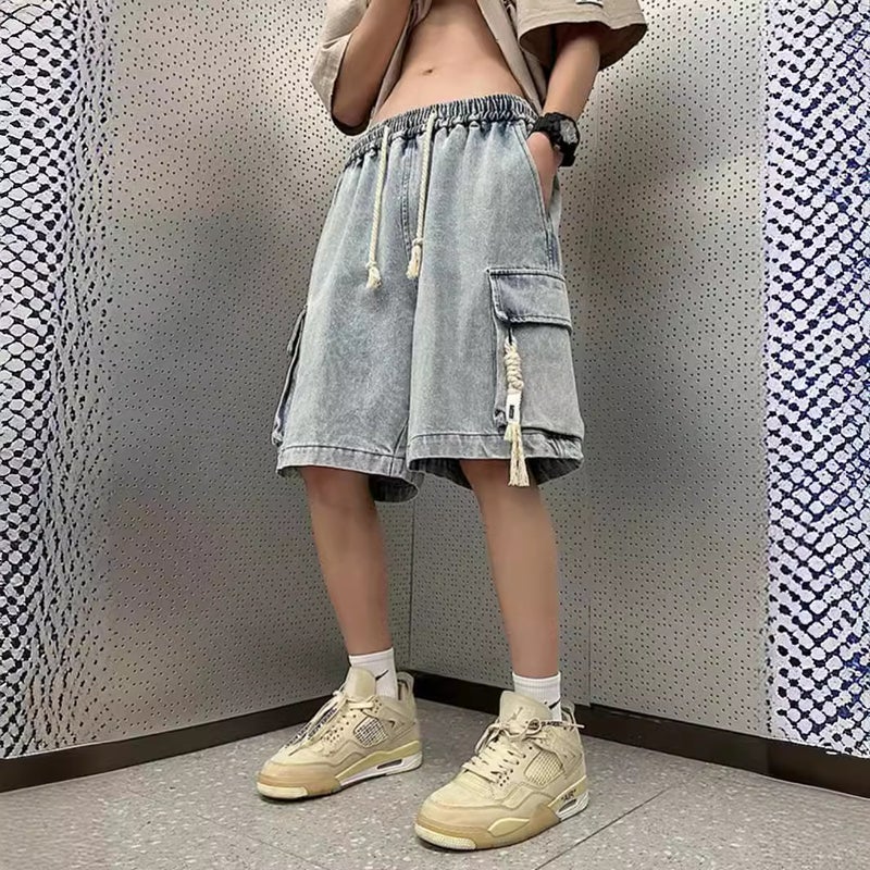 American retro drawstring workwear Denim shorts boys summer thin loose youth fifth pants fashion brand - Image 3