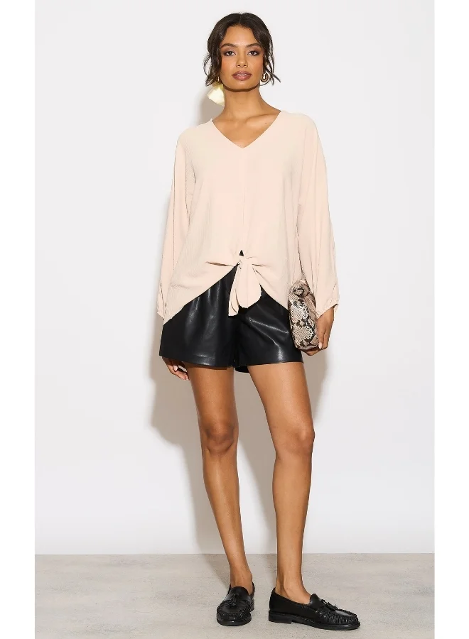 Hoxton Gal Beige Oversized V-Neck Blouse with Tie Detail & Long Sleeves