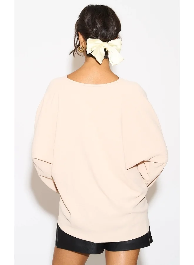 Hoxton Gal Beige Oversized V-Neck Blouse with Tie Detail & Long Sleeves