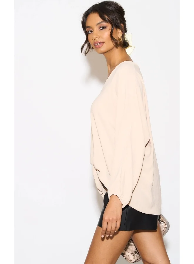 Hoxton Gal Beige Oversized V-Neck Blouse with Tie Detail & Long Sleeves