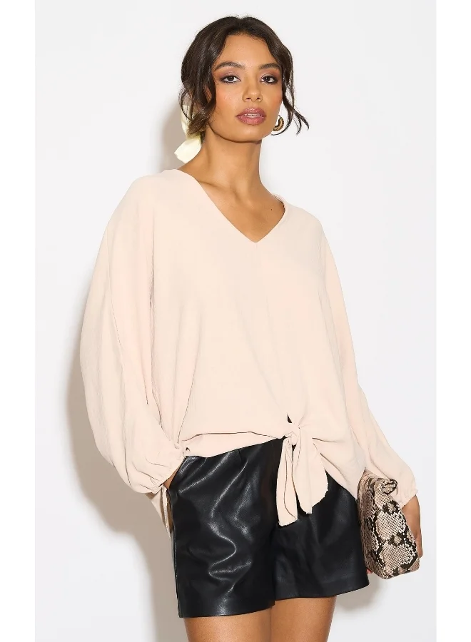 Hoxton Gal Beige Oversized V-Neck Blouse with Tie Detail & Long Sleeves