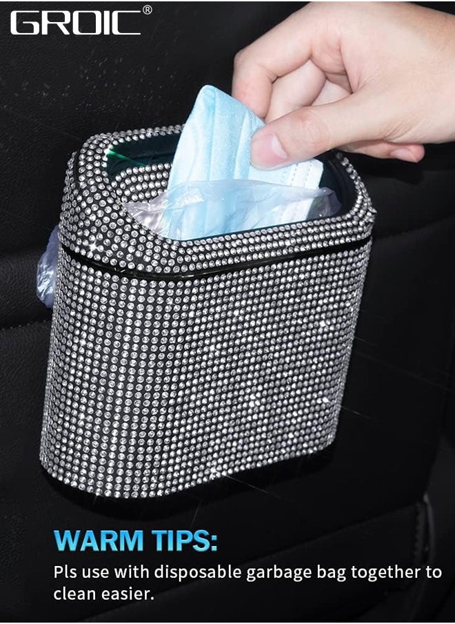 GROIC - Car Trash Can with Lid, Bling Crystal Hanging Vehicle Trash Bin Car Dustbin Garbage Organizer, Automotive Garbage Can Bin Trash Container for Auto Cars, Home, Office - White - Image 1