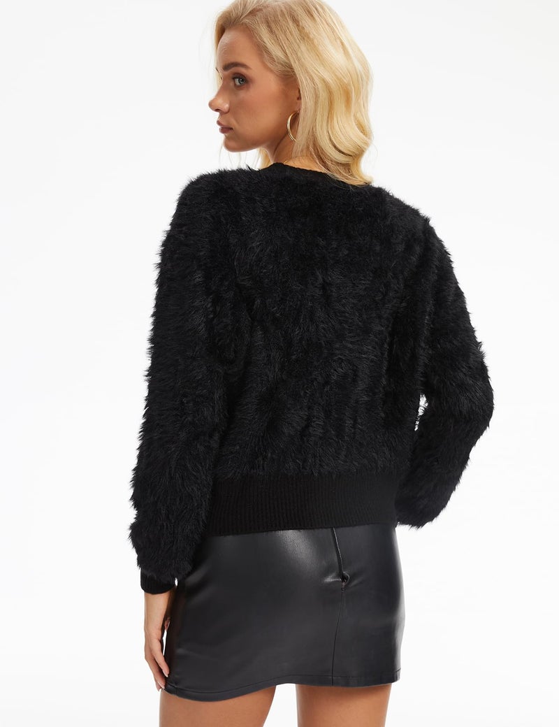 Yimoon Women's Cropped Fuzzy Cardigan Sweater Bowknot Brooch Button Knit Cardigans V Neck Long Sleeve Soft Knitwear(Black-S) - Image 4
