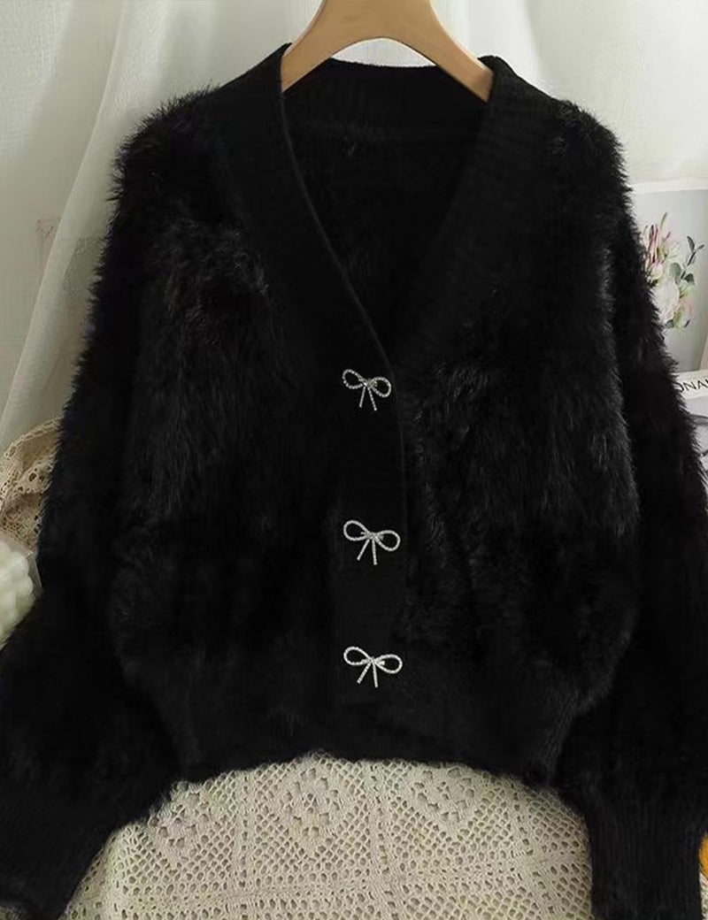 Yimoon Women's Cropped Fuzzy Cardigan Sweater Bowknot Brooch Button Knit Cardigans V Neck Long Sleeve Soft Knitwear(Black-S) - Image 3