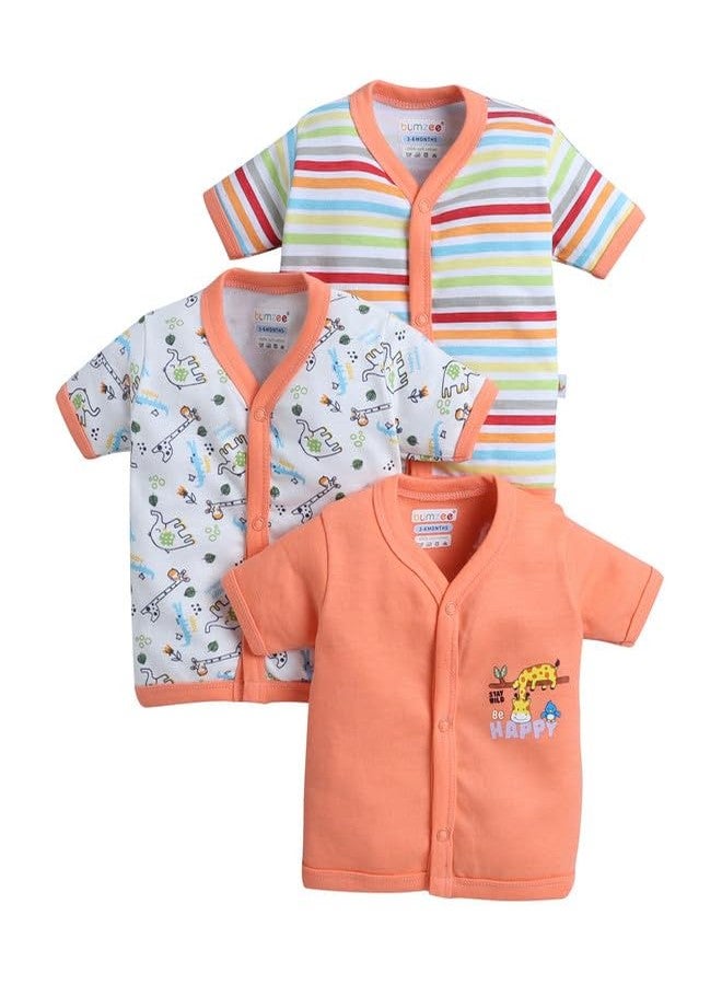 BUMZEE Baby Boys Cotton Pack of 3 Front Open Jablas Half Sleeves Orange & White - 3-6 Months (Peb10535C-org) - Image 1