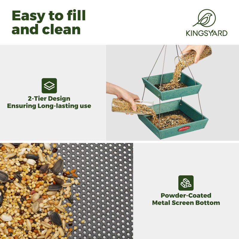 Kingsyard 2 Tier Large Platform Bird Feeders for Outdoors Hanging, 5 lbs Capacity Recycled Plastic Flat Mealworm Bird Feeder Tray, Garden Decoration Attracting Cardinal Blue Jay, Green - Image 3