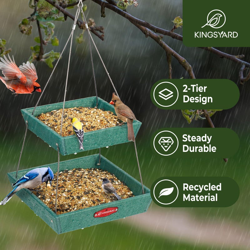 Kingsyard 2 Tier Large Platform Bird Feeders for Outdoors Hanging, 5 lbs Capacity Recycled Plastic Flat Mealworm Bird Feeder Tray, Garden Decoration Attracting Cardinal Blue Jay, Green - Image 5