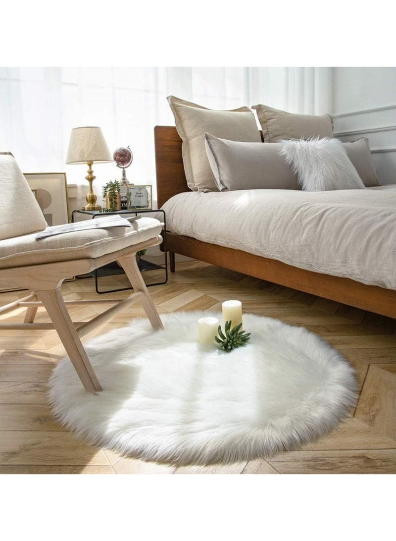 لينجوي سجادة دائرية فاخرة من الفرو الصناعي الناعم، مصنوعة من جلد الغنم الناعم، غير قابلة للانزلاق، سجادة أرضية بيضاء اللون، 60 سم - Image 2