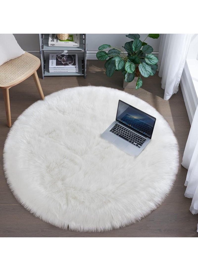 لينجوي سجادة دائرية فاخرة من الفرو الصناعي الناعم، مصنوعة من جلد الغنم الناعم، غير قابلة للانزلاق، سجادة أرضية بيضاء اللون، 60 سم - Image 3