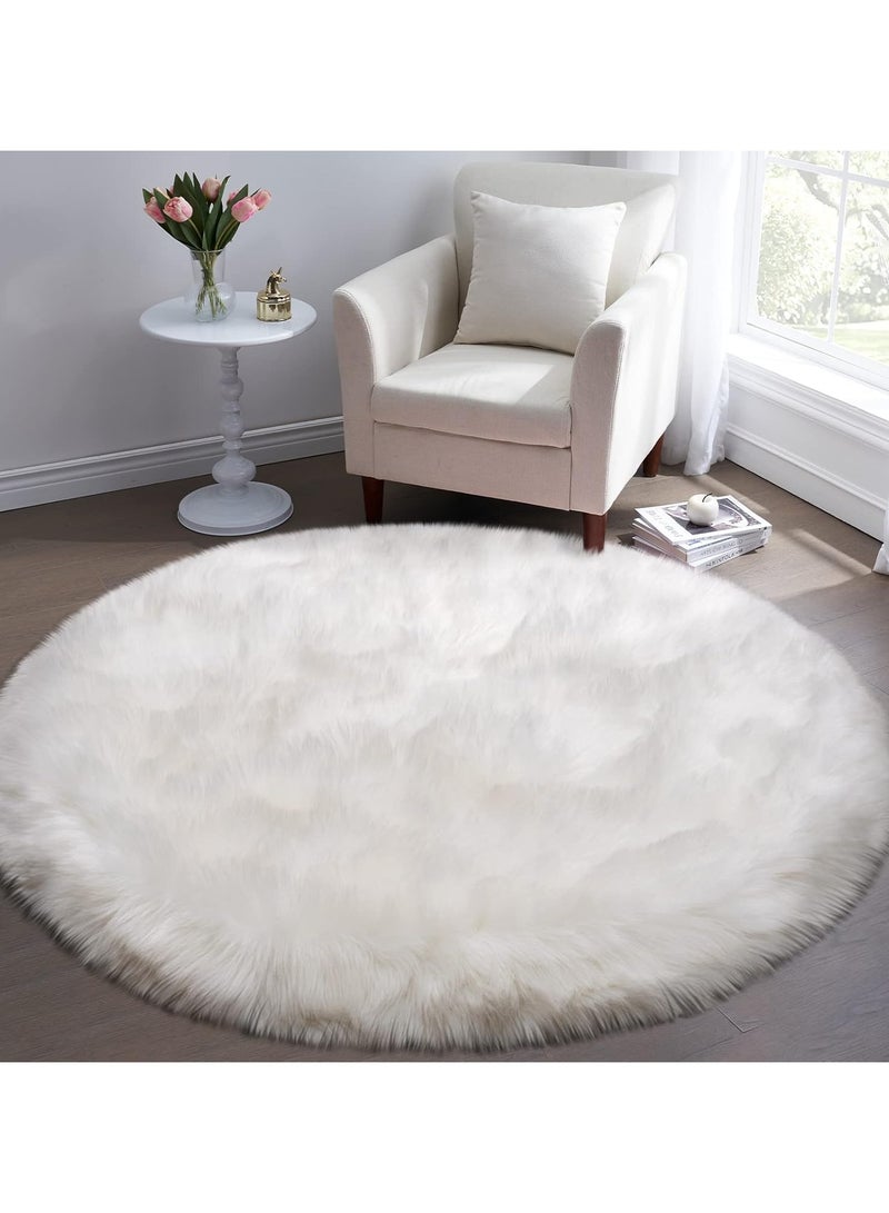 لينجوي سجادة دائرية فاخرة من الفرو الصناعي الناعم، مصنوعة من جلد الغنم الناعم، غير قابلة للانزلاق، سجادة أرضية بيضاء اللون، 60 سم - Image 4
