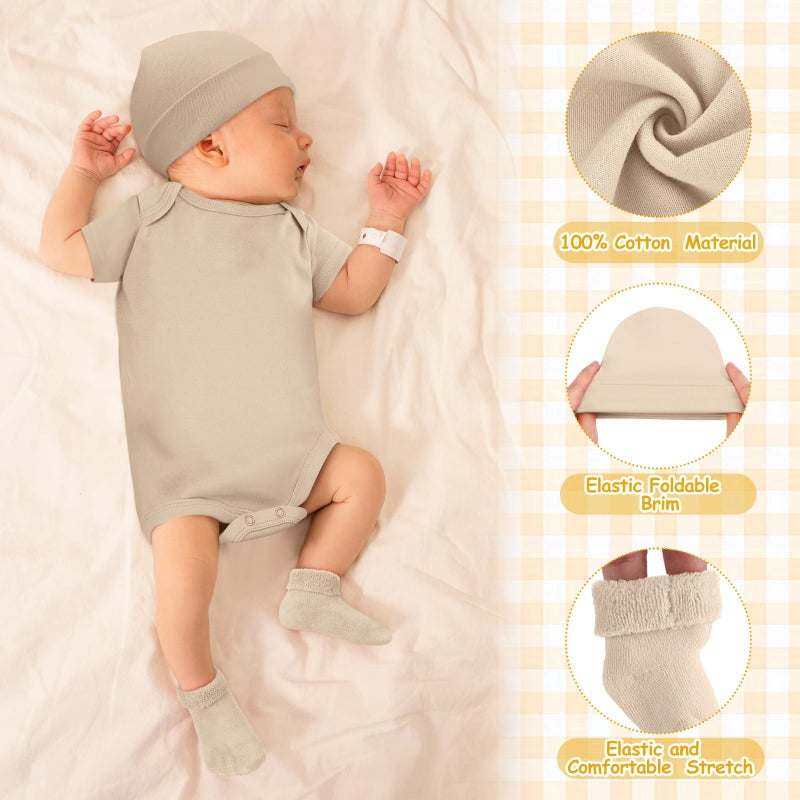 Glitopper 4 Pack Preemie Layette Set Premature Baby Bodysuit Preemie Clothes Hat Bodysuit Socks Set for NICU Newborns(White, Light Khaki, Khaki, Brown) - Image 3