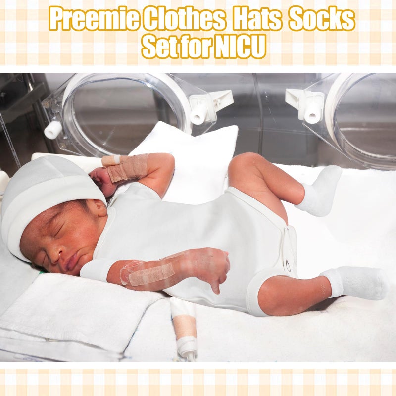 Glitopper 4 Pack Preemie Layette Set Premature Baby Bodysuit Preemie Clothes Hat Bodysuit Socks Set for NICU Newborns(White, Light Khaki, Khaki, Brown) - Image 5