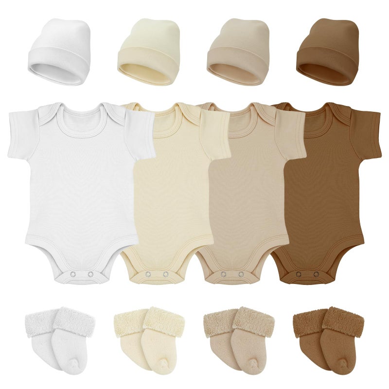 Glitopper 4 Pack Preemie Layette Set Premature Baby Bodysuit Preemie Clothes Hat Bodysuit Socks Set for NICU Newborns(White, Light Khaki, Khaki, Brown) - Image 1