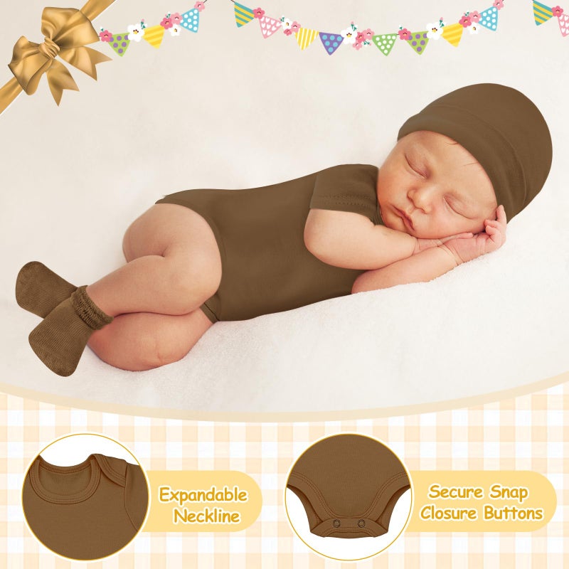 Glitopper 4 Pack Preemie Layette Set Premature Baby Bodysuit Preemie Clothes Hat Bodysuit Socks Set for NICU Newborns(White, Light Khaki, Khaki, Brown) - Image 4