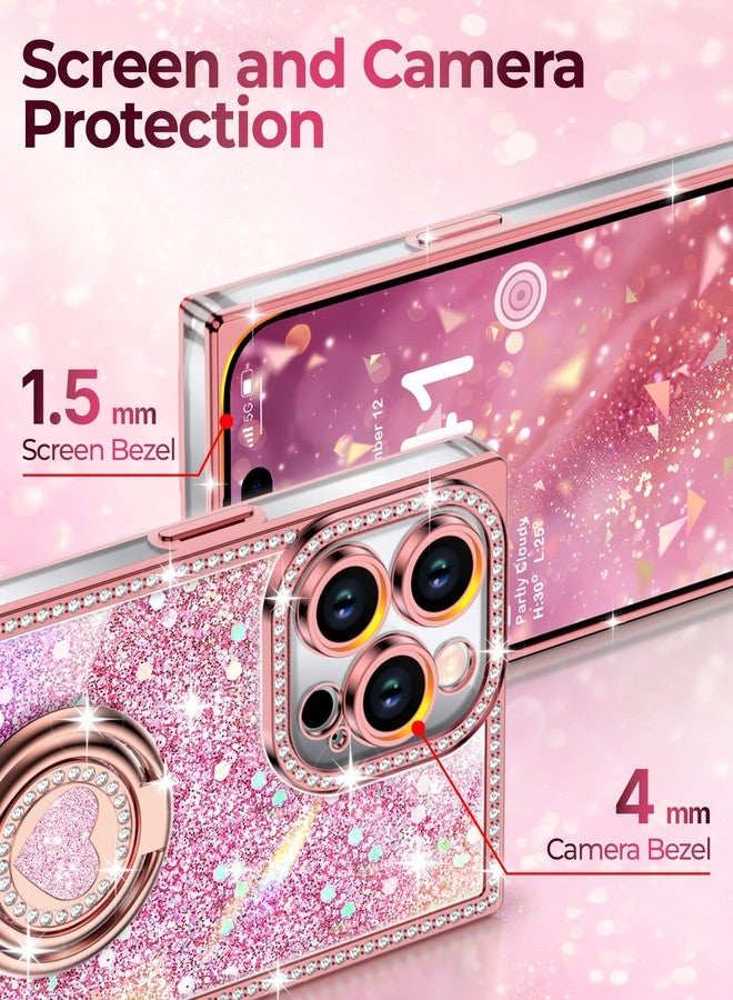 XYZ جراب XYZ لهاتف iPhone 14 Pro Max، غطاء هاتف لامع براق مع حامل على شكل قلب بحلقتين وحبل، جراب فاخر مرصع بأحجار الراين مقاوم للصدمات ومناسب للنساء والفتيات، باللون الوردي، لهاتف iPhone 14 Pro Max - Image 4