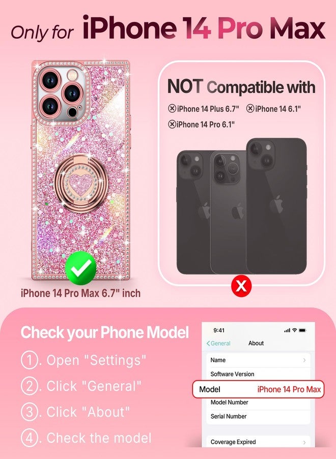 XYZ جراب XYZ لهاتف iPhone 14 Pro Max، غطاء هاتف لامع براق مع حامل على شكل قلب بحلقتين وحبل، جراب فاخر مرصع بأحجار الراين مقاوم للصدمات ومناسب للنساء والفتيات، باللون الوردي، لهاتف iPhone 14 Pro Max - Image 2