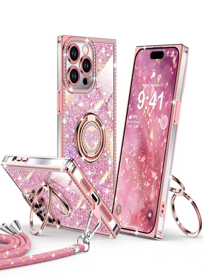 XYZ جراب XYZ لهاتف iPhone 14 Pro Max، غطاء هاتف لامع براق مع حامل على شكل قلب بحلقتين وحبل، جراب فاخر مرصع بأحجار الراين مقاوم للصدمات ومناسب للنساء والفتيات، باللون الوردي، لهاتف iPhone 14 Pro Max - Image 1