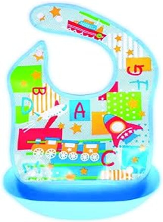 Mix and Max Mix&max baby bib with silicone pocket printed train for boys-blue