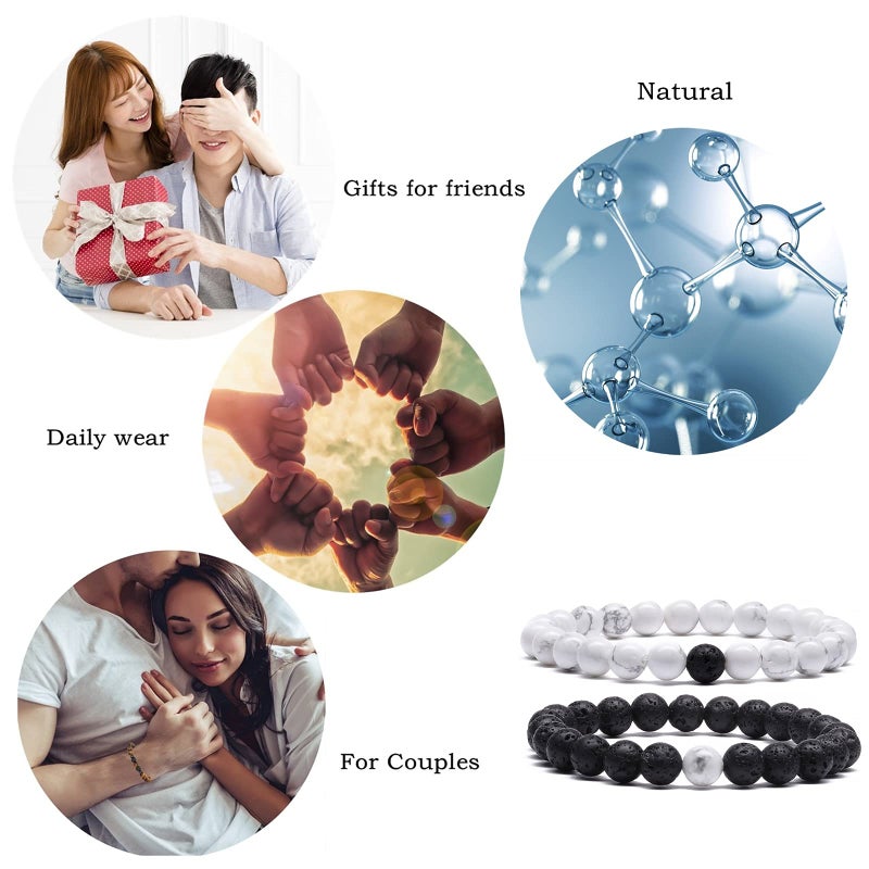 MengPa Mens Beaded Bracelets Couples Matching Bracelet Set Lava Rock Beads for Women Stone Jewelry (Howlite-White) US4163E - Image 2