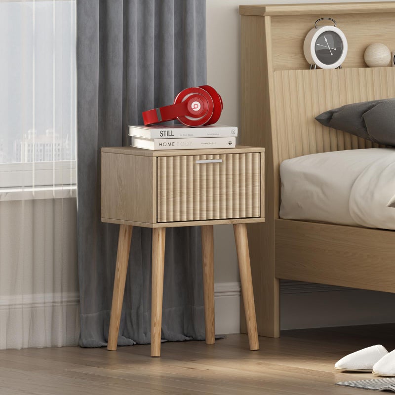 LAATOOREE Nightstands Set of 2, Small Side Table, Bedside Table with Fluted Door, Solid Wood Feet; Modern Mid-Century End Table for Bedroom, Small Space (Natural) - Image 5