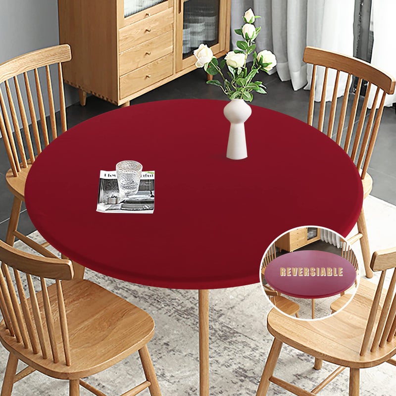 Obstal Fitted Round Red Table Cloth, Reversible Waterproof Stain Resistant Elastic Stretch Tablecloth, Wipe Clean Table Cover for Outdoor/Indoor Use, Fits Round Tables up to 48" - 56" Diameter - Image 1
