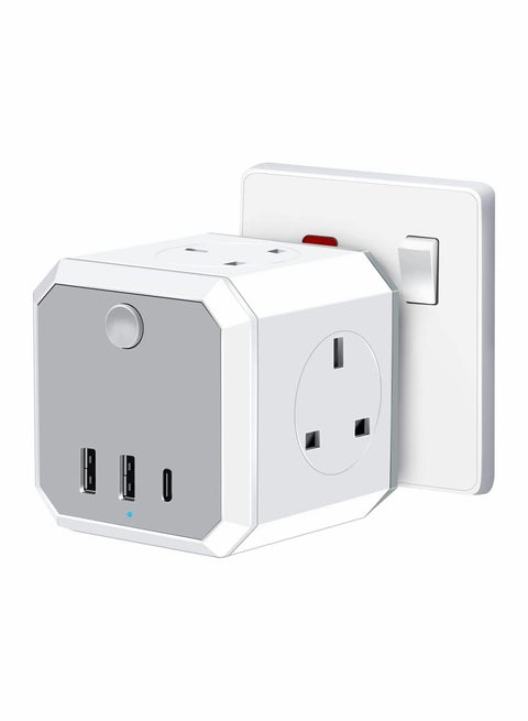 محول متعدد المآخذ مع USB، محول تمديد مكعب مع 4 مآخذ AC و 2 USB و 1 Type-C، مقبس الحائط البريطاني، محول طاقة لمأخذ تمديد متعدد 13A للمنزل والمكتب والمطبخ، أبيض