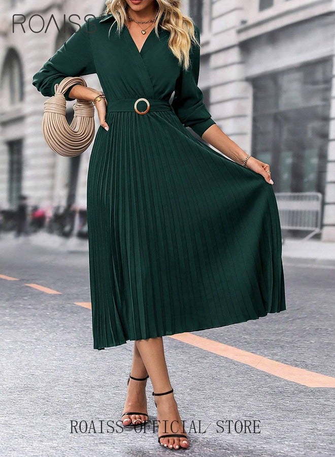 roaiss Solid Pleated Hem Belted V-Neck Dress for Women Elegant Temperament Adjustable Dark Green Long Sleeve Dress Ladies Wedding Guest Waist  Mid-Rise Dresses Costume for Ladies Ramadan Eid al-Adha - Image 4