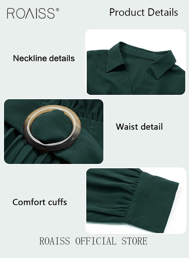 roaiss Solid Pleated Hem Belted V-Neck Dress for Women Elegant Temperament Adjustable Dark Green Long Sleeve Dress Ladies Wedding Guest Waist  Mid-Rise Dresses Costume for Ladies Ramadan Eid al-Adha - Image 2