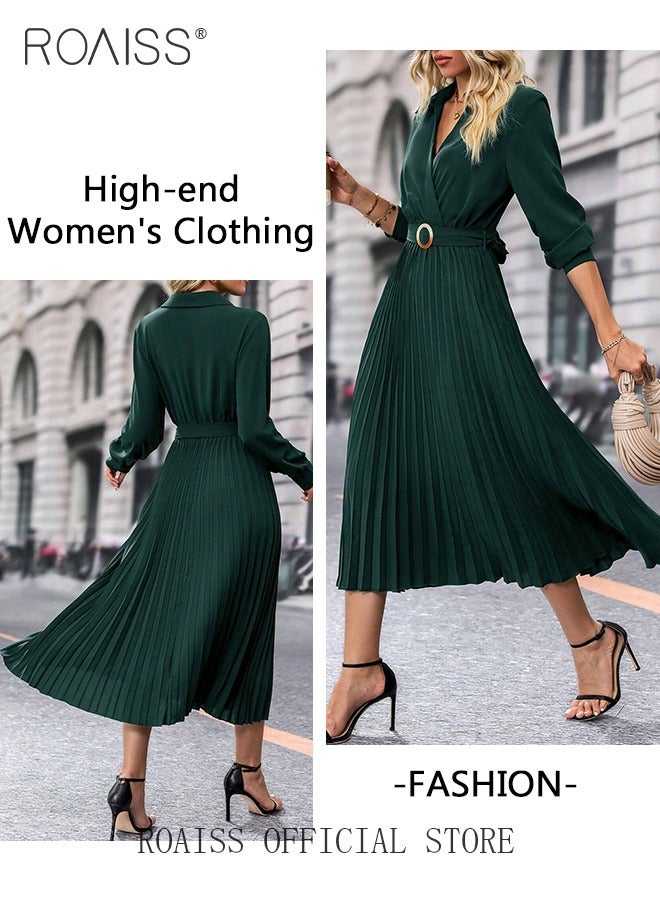 roaiss Solid Pleated Hem Belted V-Neck Dress for Women Elegant Temperament Adjustable Dark Green Long Sleeve Dress Ladies Wedding Guest Waist  Mid-Rise Dresses Costume for Ladies Ramadan Eid al-Adha - Image 5