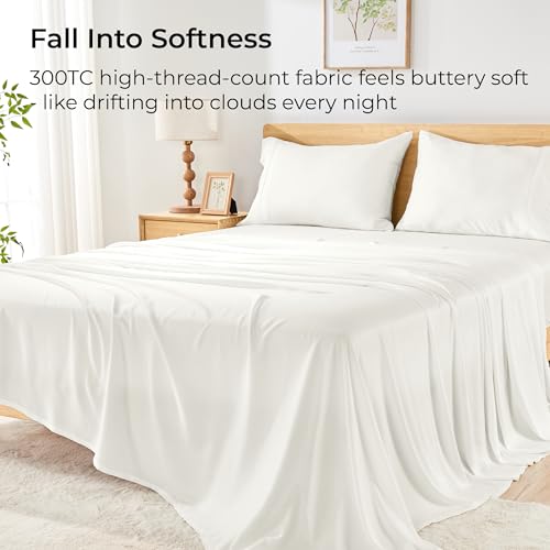 GOKOTTA Queen Size Bed Sheets 4 Piece Set, 100% Rayon Derived from Bamboo, Cooling for Hot Sleepers-Luxury Breathable Soft Sheets, Deep Pocket 16" Fitted Sheet with Elastic Corner Straps, Cream White - Image 3