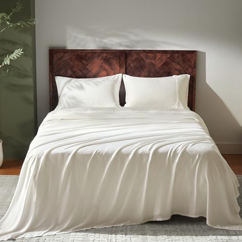 GOKOTTA Queen Size Bed Sheets 4 Piece Set, 100% Rayon Derived from Bamboo, Cooling for Hot Sleepers-Luxury Breathable Soft Sheets, Deep Pocket 16" Fitted Sheet with Elastic Corner Straps, Cream White - Image 1
