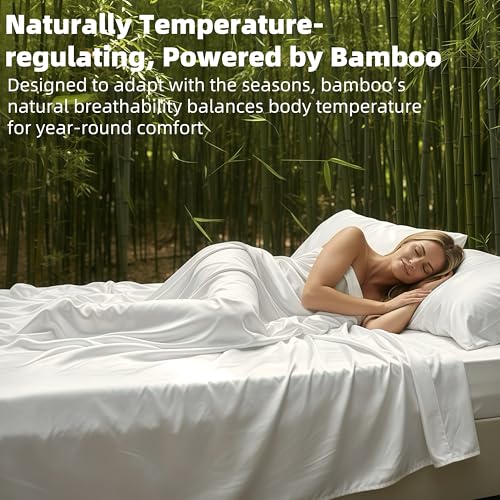 GOKOTTA Queen Size Bed Sheets 4 Piece Set, 100% Rayon Derived from Bamboo, Cooling for Hot Sleepers-Luxury Breathable Soft Sheets, Deep Pocket 16" Fitted Sheet with Elastic Corner Straps, Cream White - Image 4