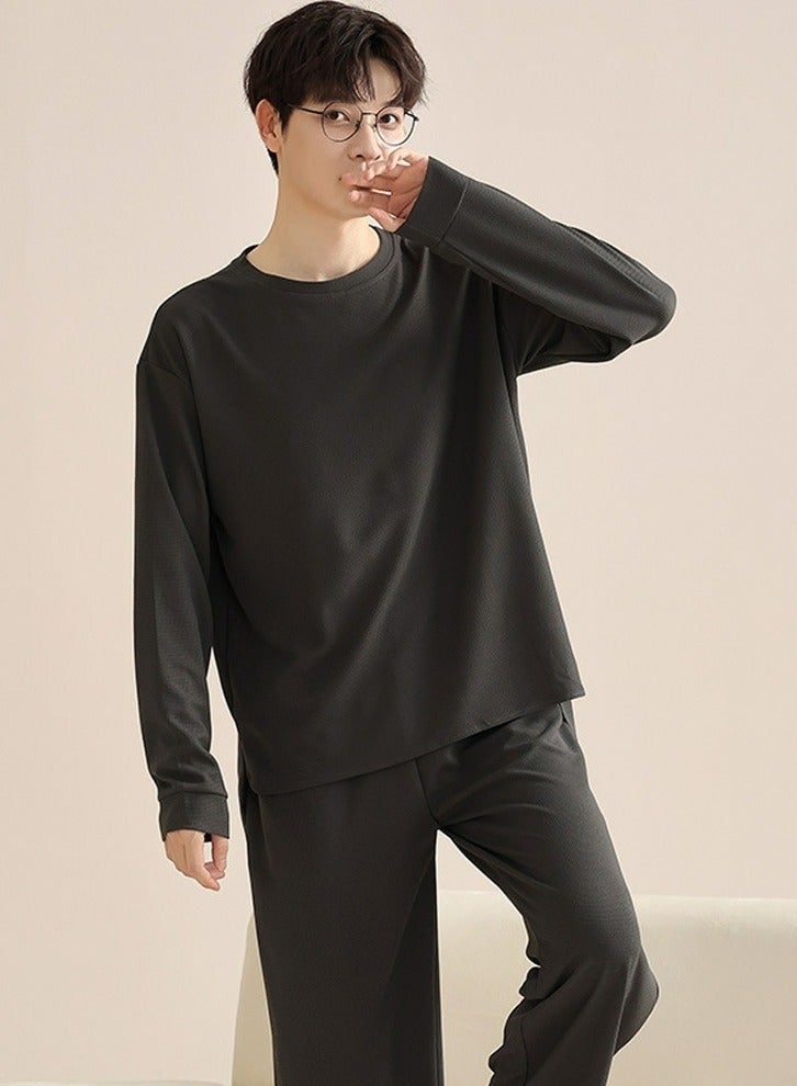 Loquat Men's Solid Color 2-Piece Set  Leisure Nightgown Sleepwear Round Neck Long Sleeve Top And Pants Soft Loungewear Pajamas Suit Dark Grey 