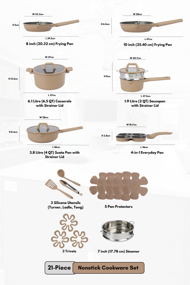 Carote 21-Piece Nonstick Cookware Set, PFOA-Free Healthy Cooking Set, Skillets, Saucepan, Sauté Pan, Casserole, Steamer & 4-in-1 Pan, All Kitchen Stovetop Compatible, Dishwasher Safe (Taupe) - Image 2