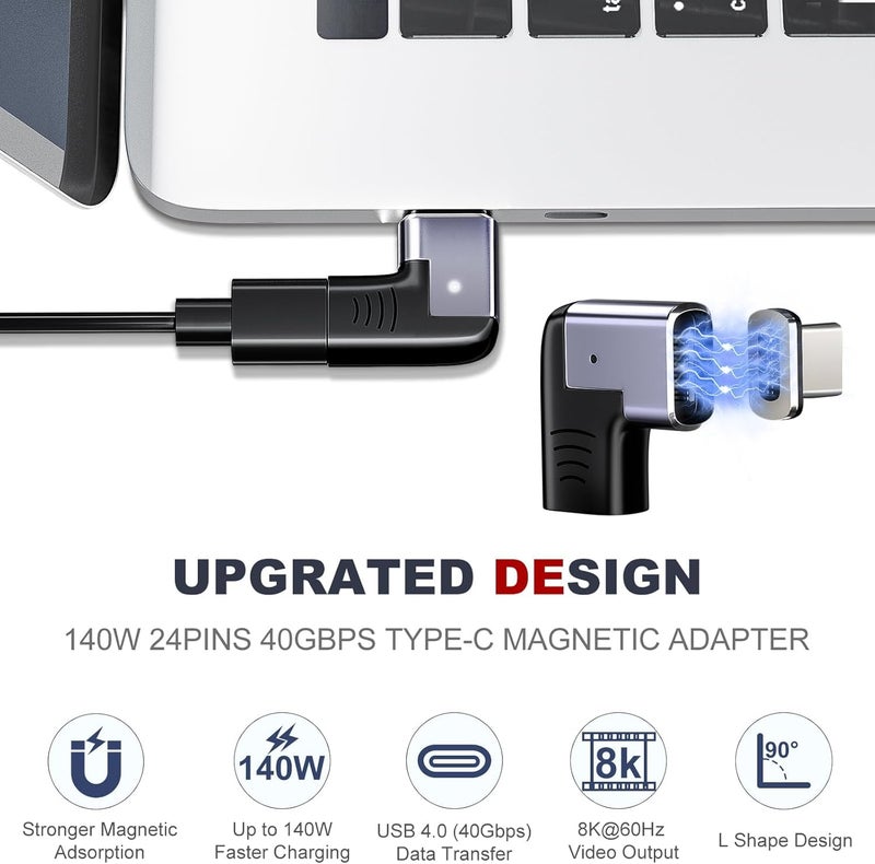 Microware محول USB C مغناطيسي، محول USB C بزاوية 90 درجة، شحن PD 140W 24 دبوس USB4 40Gbps 8K 60Hz لأجهزة Thunderbolt 3/4 Mac-Book Pro/Air Tablet Laptop P5 PSVR2 والمزيد من أجهزة Type C (MMPL-105) - Image 3