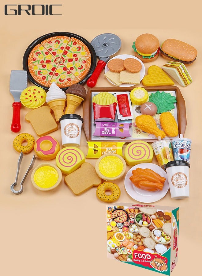 GROIC 56 قطعة من ألعاب الوجبات السريعة، مجموعة ألعاب الطعام، لعبة ملحقات المطبخ التظاهري، بما في ذلك آيس كريم الهامبرغر والبطاطس المقلية، لعبة التعلم المبكر واللعب التظاهري، لعب ملحقات المطبخ للأطفال الصغار - Image 1