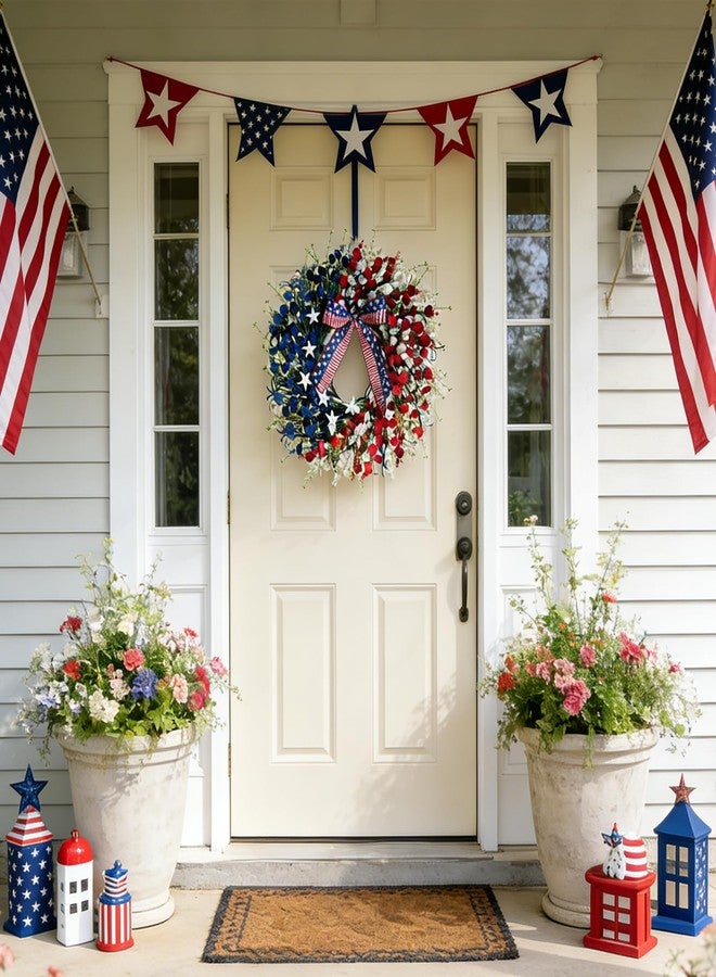 Bibelot Patriotic Wreath 22 Inch, 4th of July Wreath Red White and Blue Flowers, Memorial Day Wreath for Home Wall Window American Independence Day Decor - Image 2