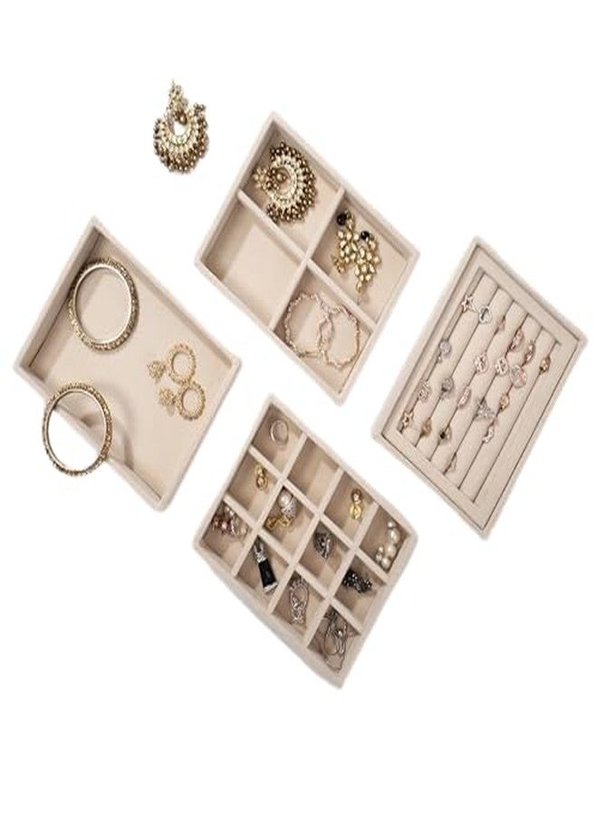 La Trove Jewelry Organizer Tray Set of 4 | Velvet Stackable Jewelry Storage Tray for Drawer | Ring, Earring & Necklace Organizer Box, Cream - Image 1